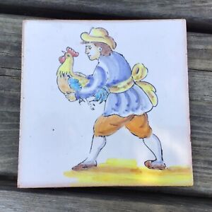 Vintage French Rustic Salvaged Studio Pottery Tile Man Farmer Holding A Chicken