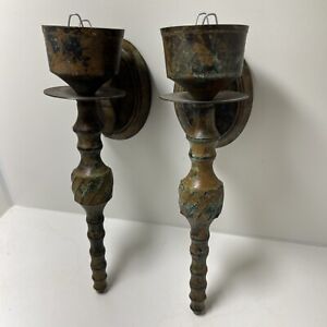 Wrought Iron Over Brass Wall Decor Fixture Torch Style Shabby Chic Mcm Pair