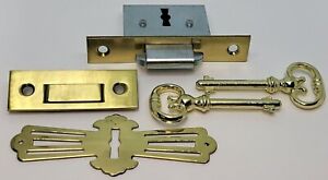 Full Mortise Roll Top Desk Lock Set Square Plate Brass Lock Catch 2 Keys Antique