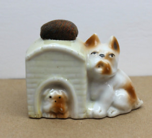 Vintage Japan Porcelain Figural Pincushion Dog Doghouse