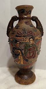 Antique Japanese Satsuma Moriage Hand Painted Earthenware Vase