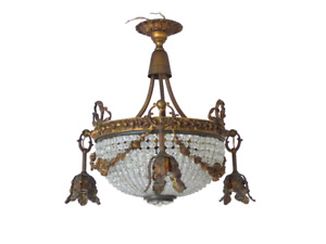 1900 Gorgeous French Prisms Pearls Gilded Bronze Ceiling Rare Chandelier 4lights