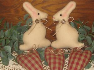 Primitive Decor 2 Rabbits 3 Hearts Bowl Fillers Handmade Gift Easter Rusty Bells