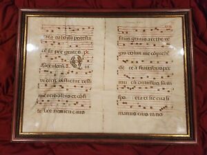 2 Framed Antique Antiphonal Leafs Gregorian Chant Music 32 X24 
