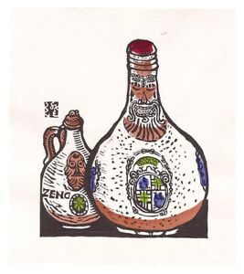 Wb Sumio Kawakami Japanese Woodblock Prints Asian Antique Sake Bottle 1960