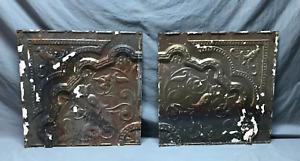 Antique Vtg Decorative Pair Tin Ceiling Panels 19 Sq Arts Crafts Old 713 24b