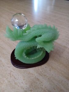 Chinese Dragon Jade Like Color 6 1 2 H 6 Wooden Stand Clear Ball