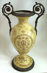 Vtg Chinese Export Style Porcelain Vase Urn Hand Painted Bronze Mounted 18 