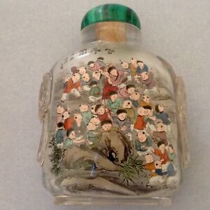  Crystal Reverse Inside Painted Snuff Bottle Malachite Cap Hundred Children
