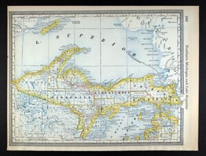 1881 Rand Mcnally Railroad Map Michigan Upper Peninsula Marquette Mackinaw City