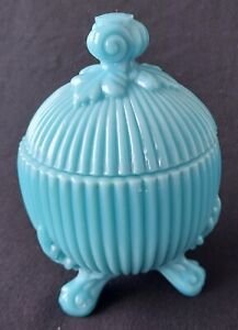 Antique Vallerysthal French Blue Opaline Glass Footed Covered Candy Dish