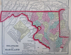 Washington D C Delaware Maryland 1856 Morse Small Cerographic Hand Color Map