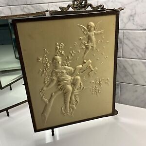 Collectible 1899 Antique Brass Tri Fold Celluloid Back Bevel Glass Vanity Mirror