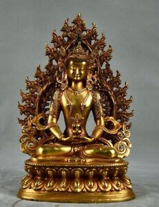 10 Antique Tibetan Buddhism Temple Bronze Gilt Amitabha Longevity Buddha Statue