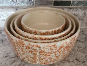 Set 4 Vintage Primitive Brown Spongeware Yellowware Panel Mixing Nesting Bowls