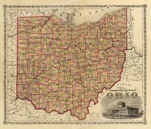 1860s Township Map Of The State Of Ohio Vintage Style Us Map 16x20