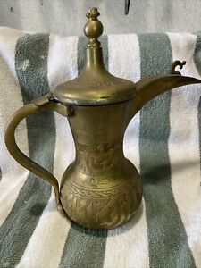 Vintage Middle Eastern Coffee Pot Turkish Arabic Stamped Brass Decorative Dallah