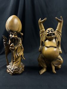 2 Carved Wooden Shou Hsing Figurine Happy Buddha Circa 1950