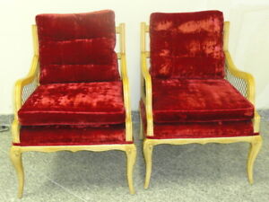 Pair Grosfeld French Regency Style Brass Grillwork Chairs Distressed Velvet