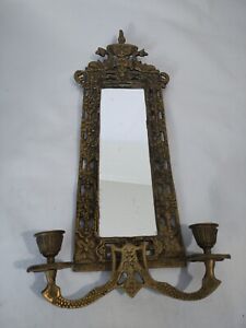 Antique Ornate Bronze Mirror Wall Candle Holder Fixture Brass