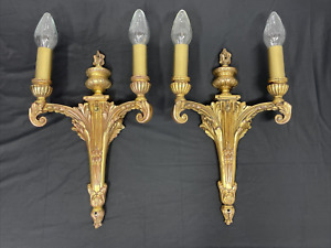 Rewired Pair Antique Wall Sconce Victorian Neoclassical Torch Gilt Gold Art Deco