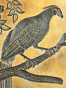 Arts Crafts Brass Bronze Etched Plaque With Stylised Oriental Bird Signed Sk