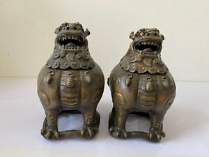 7 5 Rare China Bronze Feng Shui Foo Dog Lion Beast Statue Incense Burner A Pair