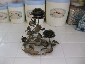 Beautiful Vintage Shabby Gold Metal Tole Ware Candleholder With Roses Italy