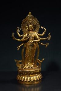 16 Chinese Buddhism Gilding Brass Eight Arm Guanyin Buddha Statue