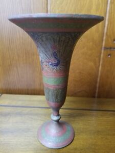 Antique 1920 S Brass Enameled Inlay Trumpet Vase With Peacock Made In India