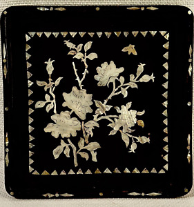Vtg Chinese Tea Tray Black Lacquer Mother Of Pearl Qing Dynasty