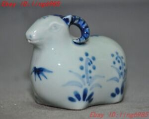 3 2 Marked Chinese Blue White Porcelain Auspicious Feng Shui Sheep Statue