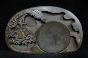 Fine Old Chinese Hand Carving Flower And Bird Ink Stone With Ink Stick Mark