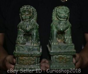 7 6 Old Chinese Natural Green Jade Carving Foo Fu Dog Guardion Lion Statue Pair