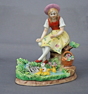 Antique Porcelain Figurine Girl Ducks Sitzendorf Dresden