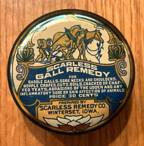 Scarless Gall Remedy Tin Vintage Item With A Nicely Designed Drawing On Front