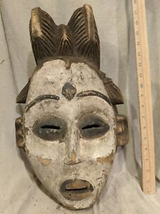 Ceremonial Punu Lumbo Okuyi Pigmented Mask Authentic Carved African Wood Art
