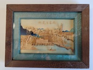 Antique Chienese Wood Hand Carved River Fishing Scene Handmade Frame