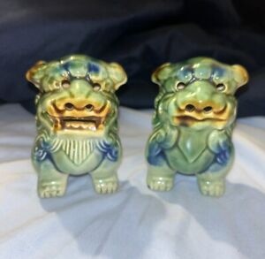 Chinese Foo Dog Pair Fu Lions Blue Green Brown Glazed Ceramic Figurines 5 5 