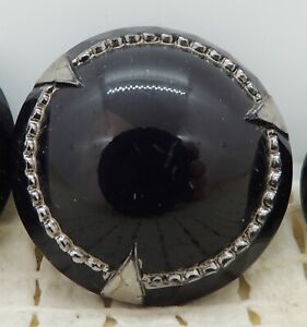 Vintage Antique 3 Black Glass Buttons With Silver Trim Self Shank