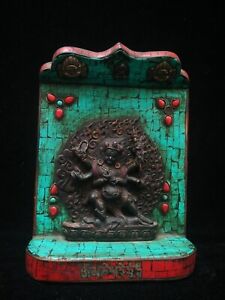 Unique Collection Old China Tibet Wood Inlaid Turquoise Coral Buddha Decoration