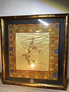 Vintage Chinese Silk Embroidery Framed Art Tree Foral Bird Handmade Silk