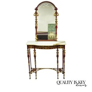 Oscar Bach Attr Bronze And Onyx Top Red Console Hall Table With Figural Mirror