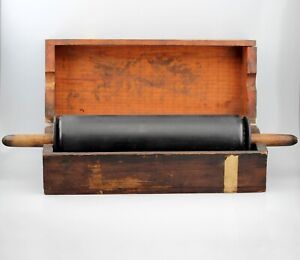 Antique C 1820s Leather Brayer Rolling Pin Printing Press Ink Roller W Box Elnt