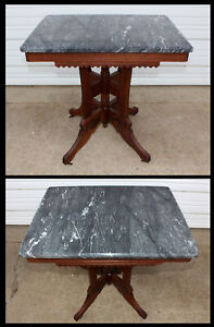 Antique Victorian Burl Walnut Wood Black White Swirl Marble Lamp Accent Table
