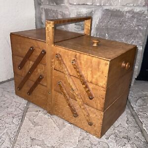 1951 Burl Wood Accordion Sewing Box Case Chest Vintage Usa Antique Wooden Mcm