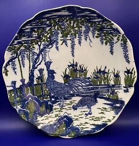 Antique Japanese Nabeshima Ware Plate Iris Flowers Wisteria Tree Hen Rooster