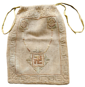 Antique Hand Embroidered Linen Bag Whirling Log Abundance Good Fortune Vtg Pouch