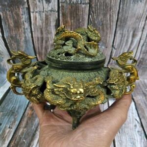 Chinese Bronze Divine Beast Gilded Nine Dragon Incense Stove
