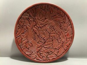 Chinese Red Iacquer Ware Handcarved Exquisite Pattern Plate 2689